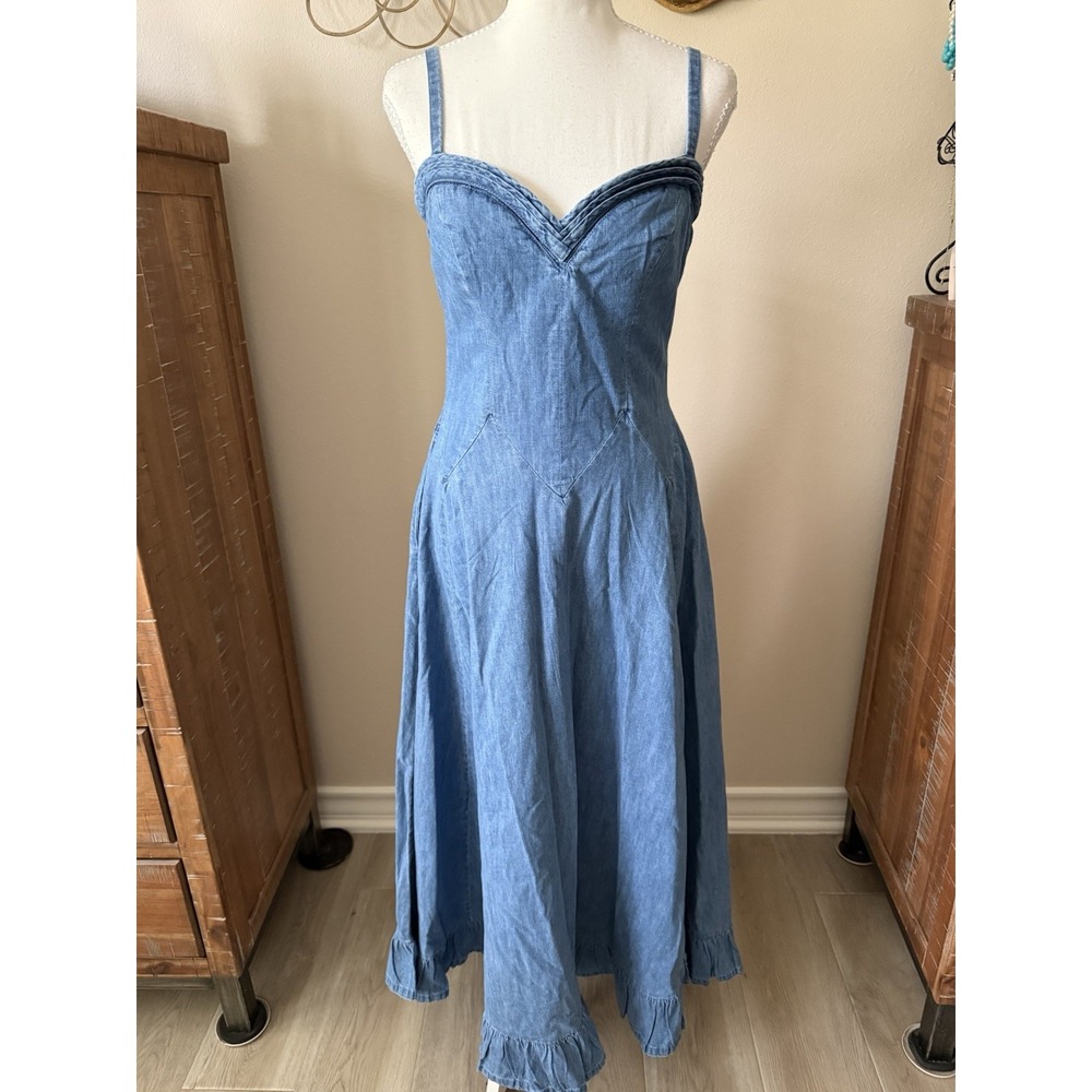 Free People Another Season Midi Dress M Boardwalk Blue Denim $198 Flaw